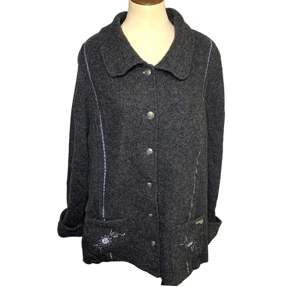 Vintage Wool Cardigan Jacket Sz 2XL Gray Fur Collar Removable Floral Embroidery - Picture 2 of 14